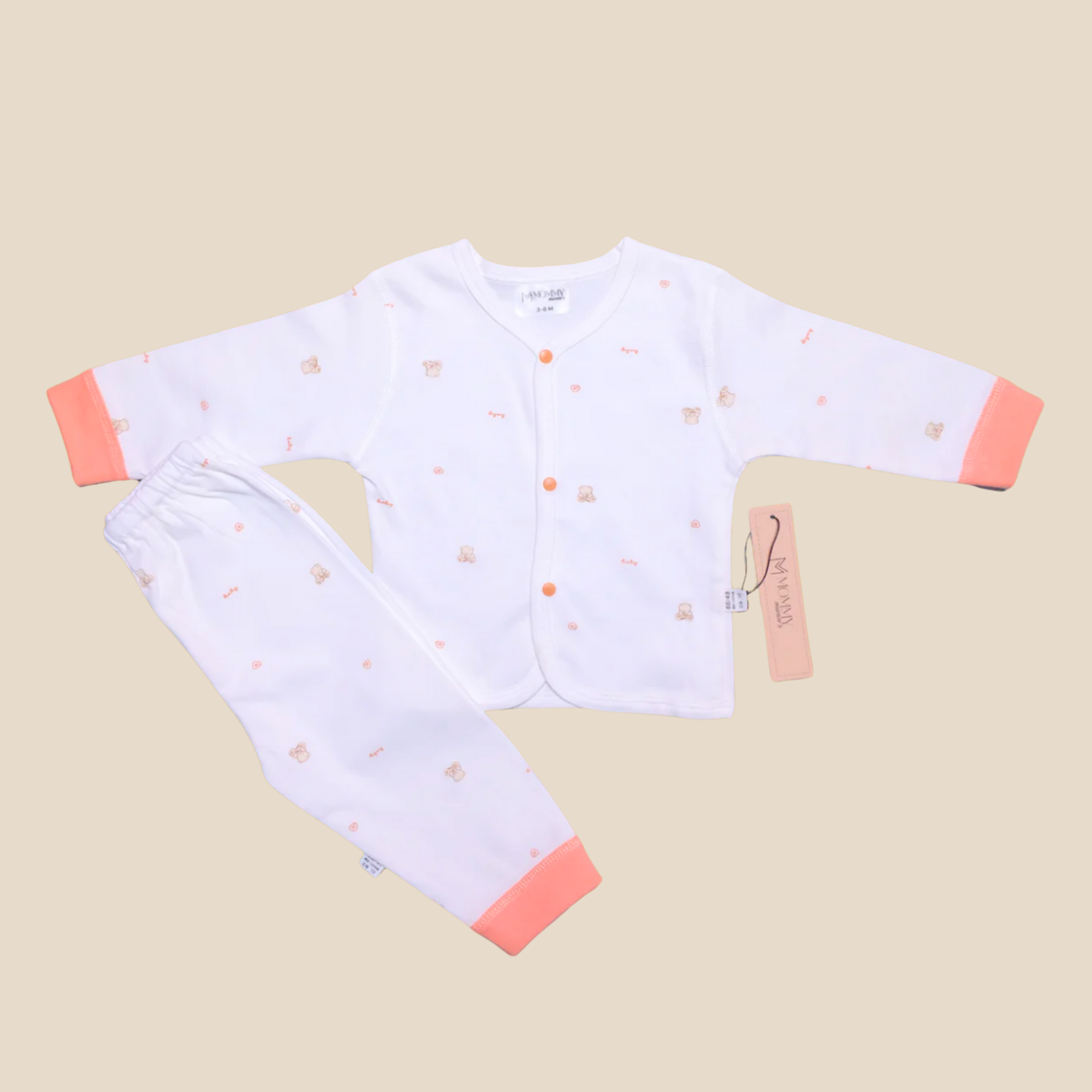 White & Peach Soft Cotton Night Suit